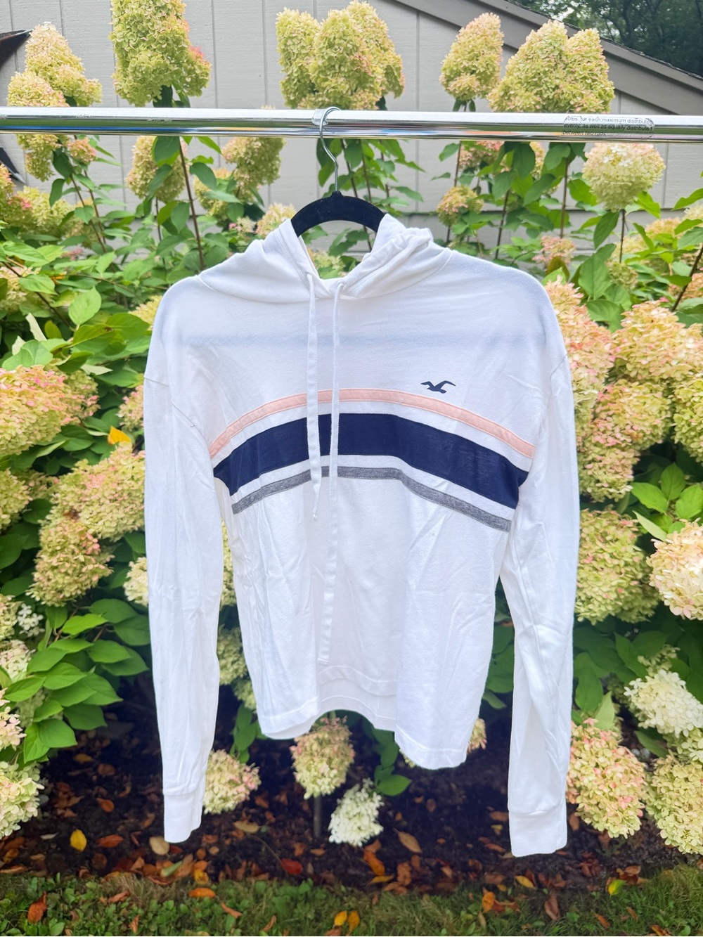 Hollister White Hooded Long Sleeve Top with Navy & Peach Stripes